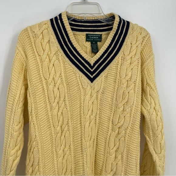 Lauren RALPH LAUREN Yellow/Navy Hand Knit Cotton Tennis Sweater Womens Size M - Picture 4 of 10